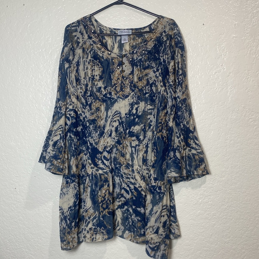 Catherines Artistic‎ Blue and Tan Blouse Size 2X - Picture 4 of 6